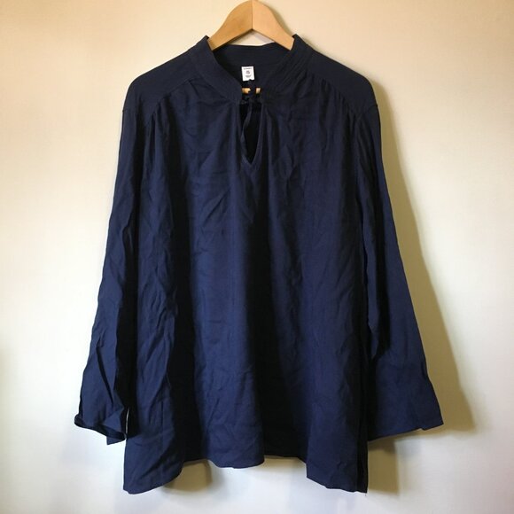 Dark Navy Blue Banded Tie Up Collar Bohemian Tunic Shirt - Picture 3 of 12